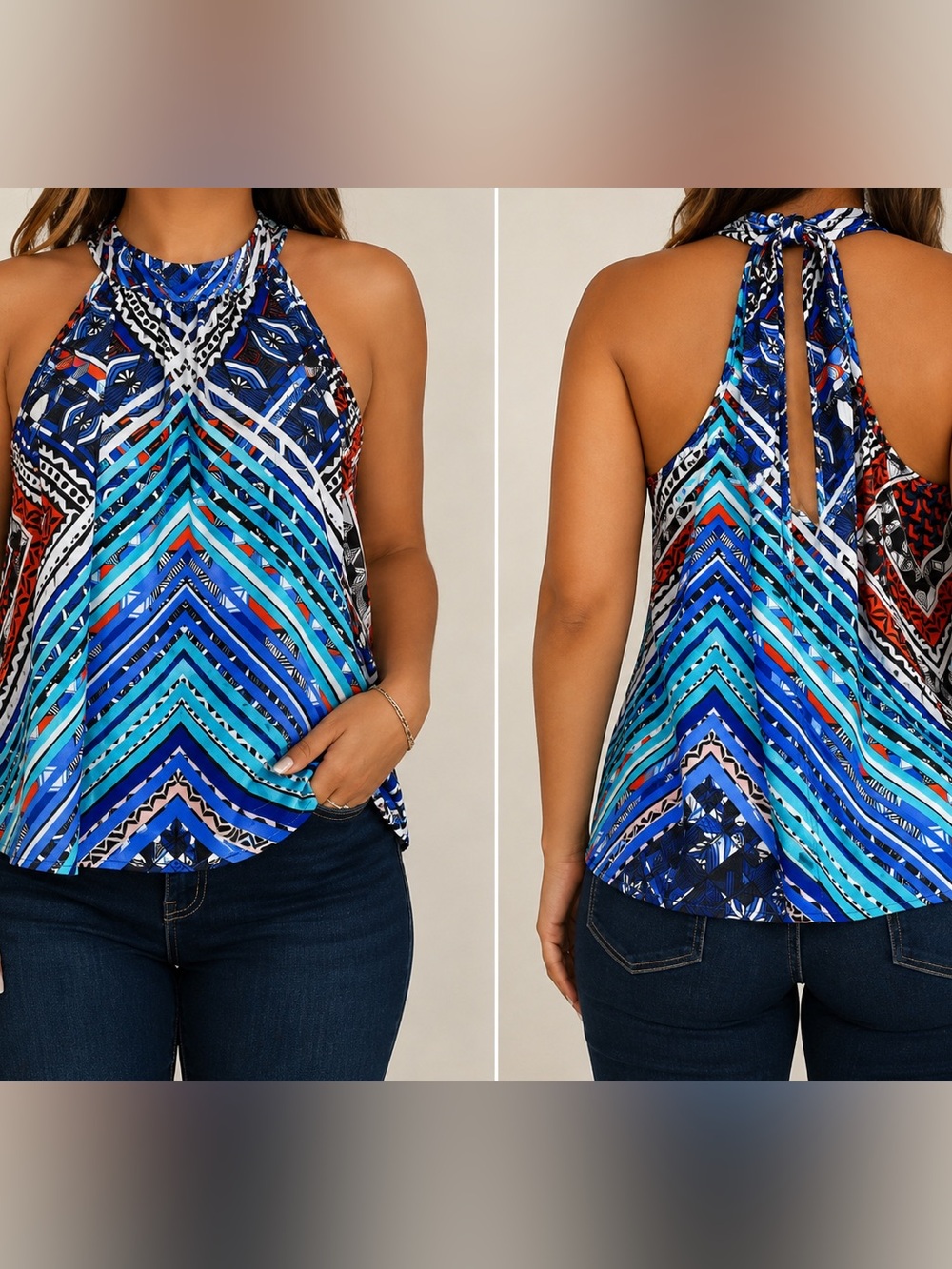 Bisou Bisou Women’s Geometric Halter Blouse – Size Large